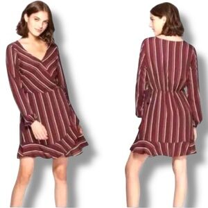 Exhilaration Maroon/Cream Striped Cinch Waist V-Neck Long Sleeve Faux Wrap Dress